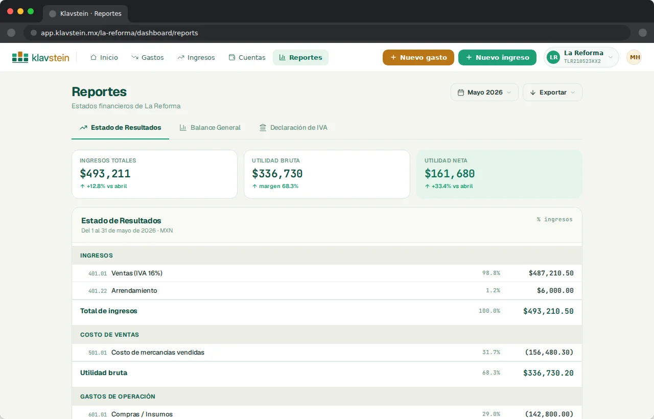 Captura de pantalla del Estado de Resultados en Klavstein mostrando ingresos, gastos y utilidad del mes